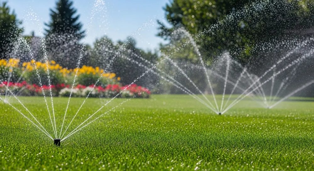 Multiple sprinklers watering a lush lawn and flower beds