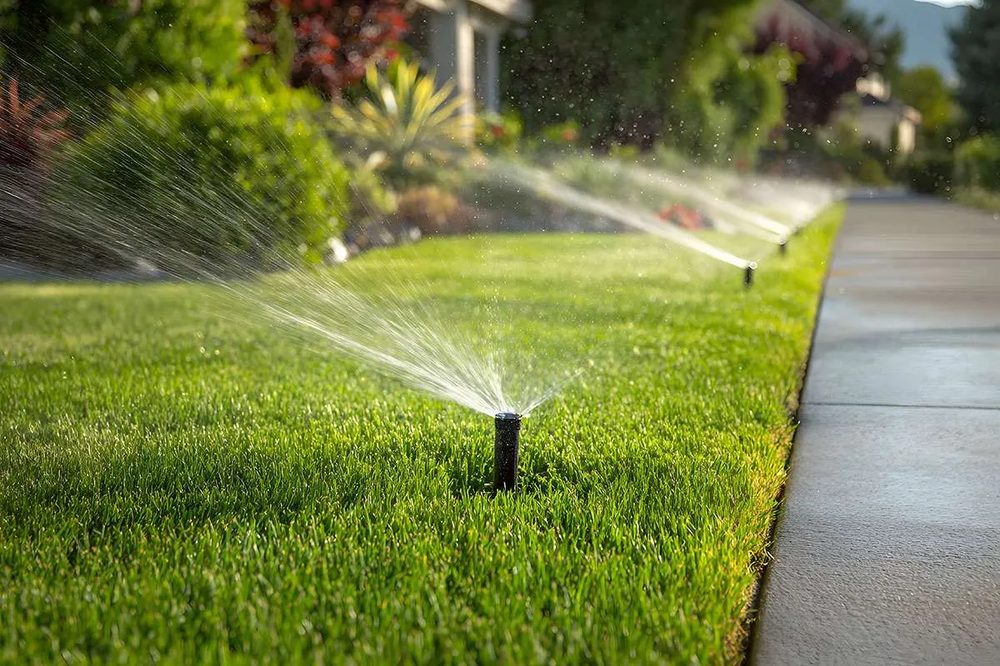 Sprinkler watering a lawn along a walkway
