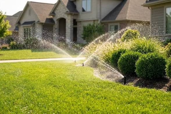 Sprinklers watering a residential front lawn